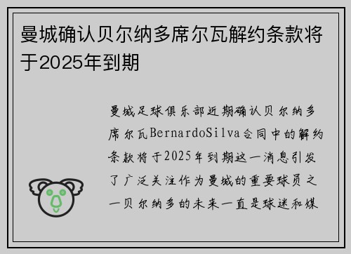 曼城确认贝尔纳多席尔瓦解约条款将于2025年到期 曼城确认贝尔纳多席尔瓦解约条款将于2025年到期